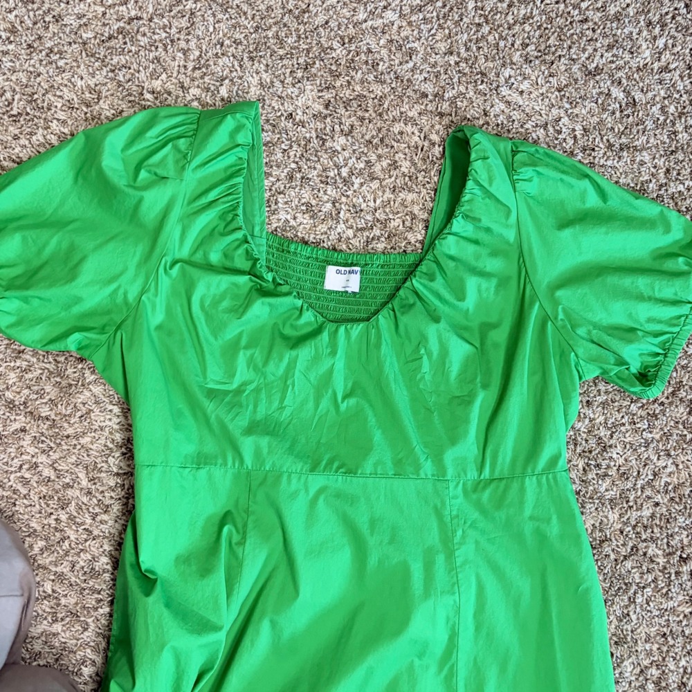 Old Navy Dress Womens XXL Green Puff Sleeve Smocked Cotton Midi Cottagecore - Picture 6 of 12